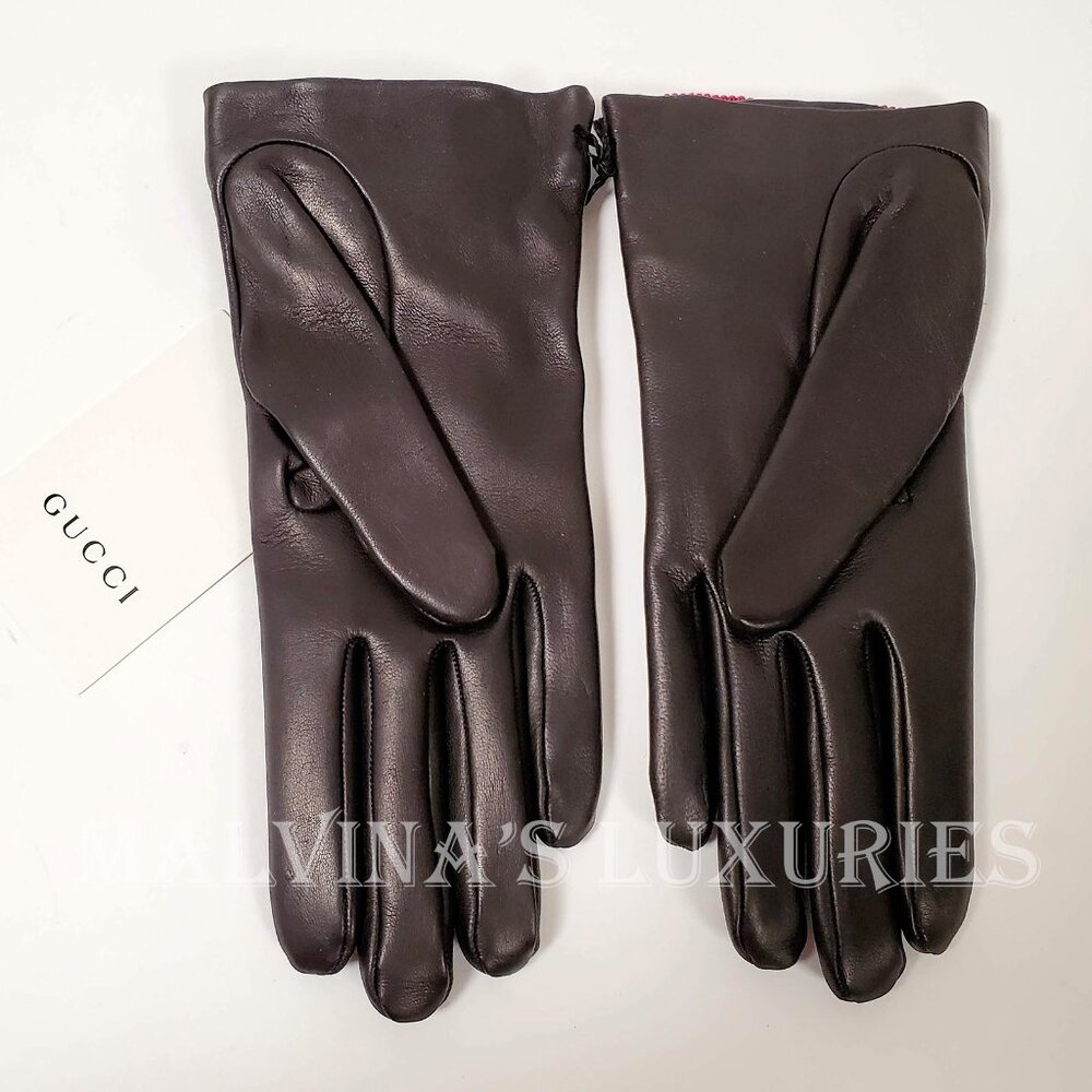 GUCCI GLOVES 434223 BLACK LEATHER GROSGRAIN BOW G LOGO sz S / 7 - Picture 10 of 16